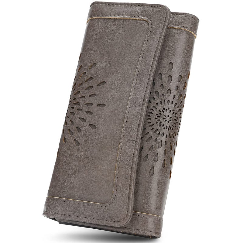 APHISON Womens Wallets RFID Blocking PU Leather Clutch Long Wallet for Women Card Holder Phone Organizer Ladies Travel Purse Hollow Out Sunflower Design Gift Box 2214 Dark-gray - Image 1